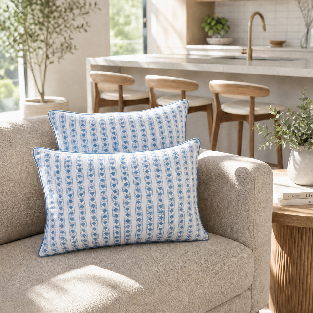 Kamal Azure cushion cover styled in a room