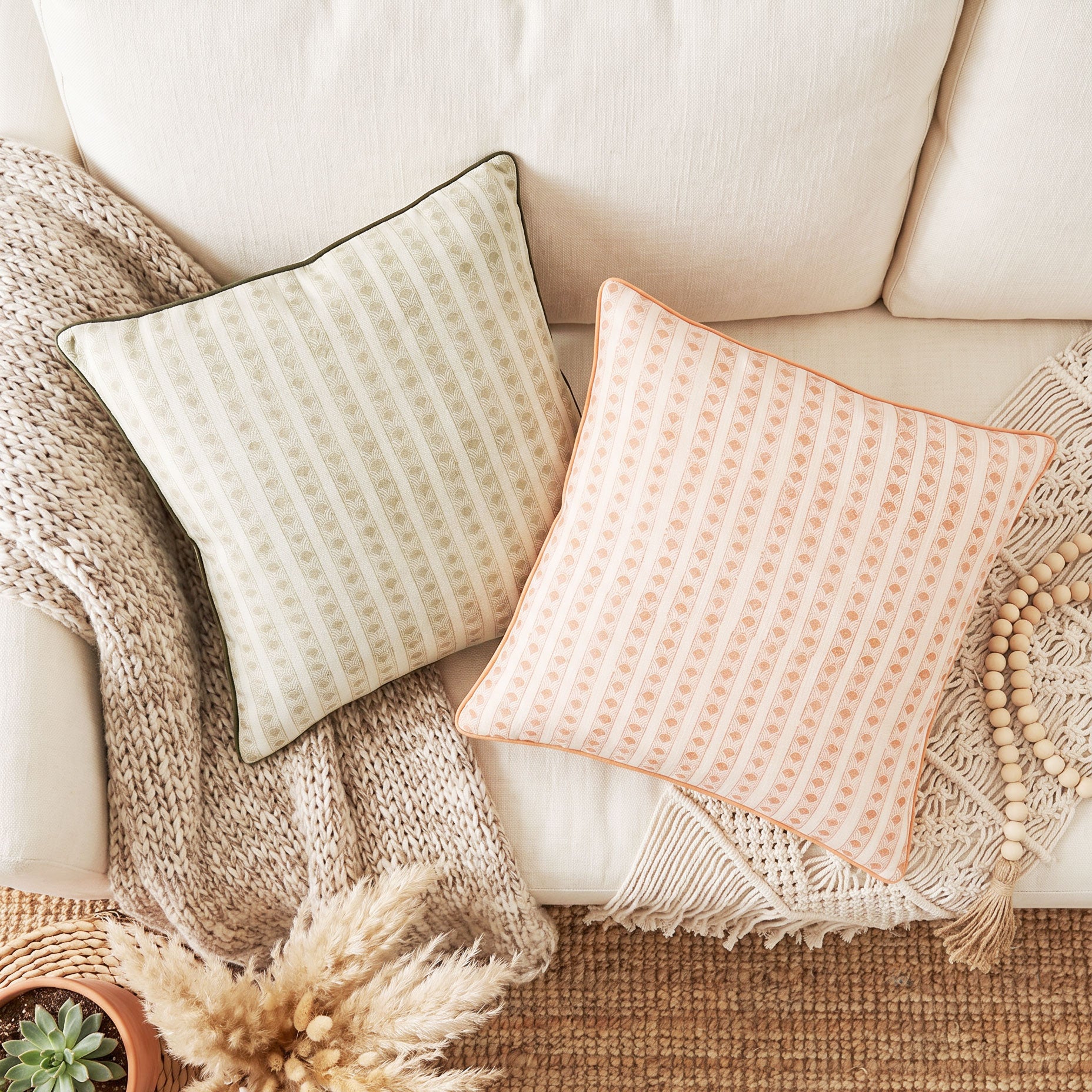Kamal Blush cushion cover styled in a living room