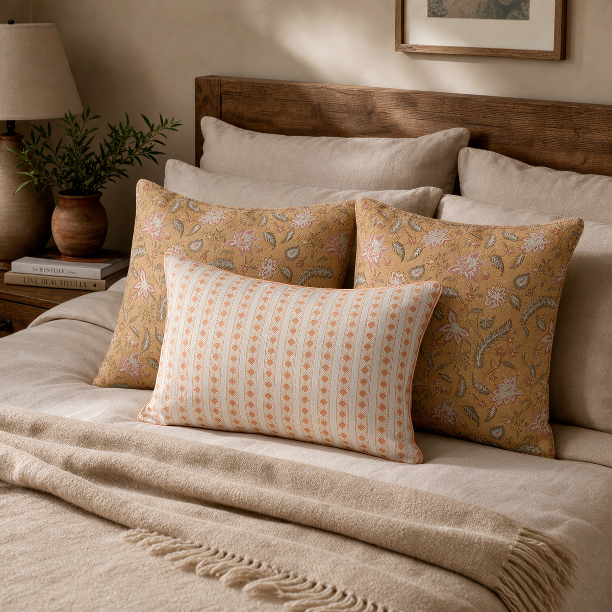 Petal & Vine Cushion Trio styled on a sofa