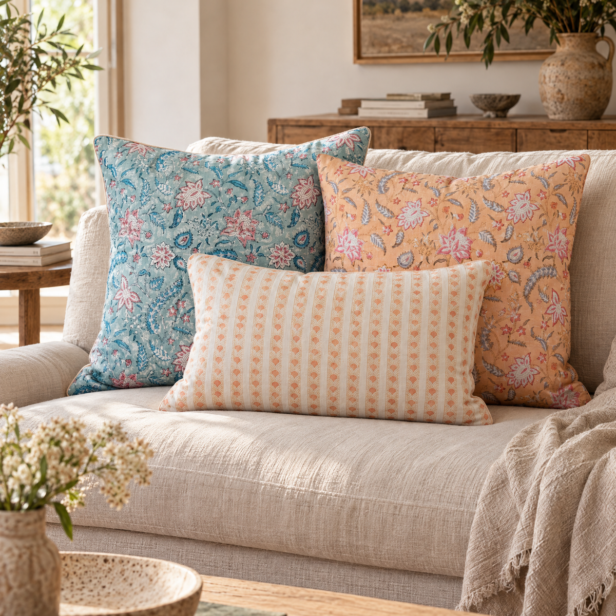 Dusk & Bloom Cushion Trio styled on a sofa