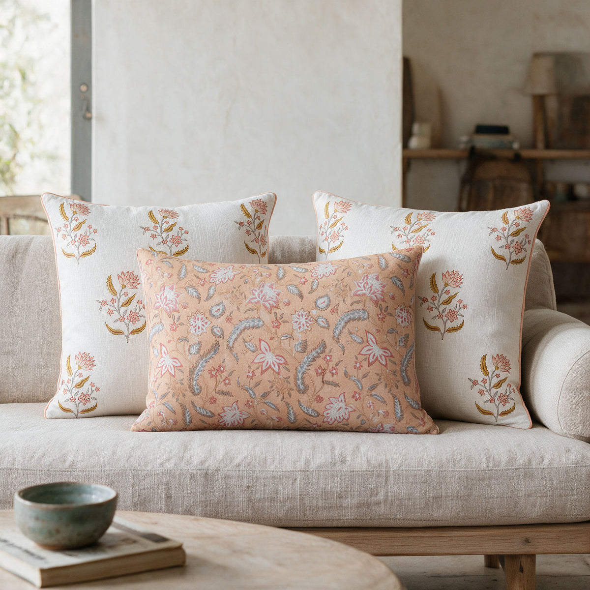 Meadow Blush Cushion Trio styled on a sofa