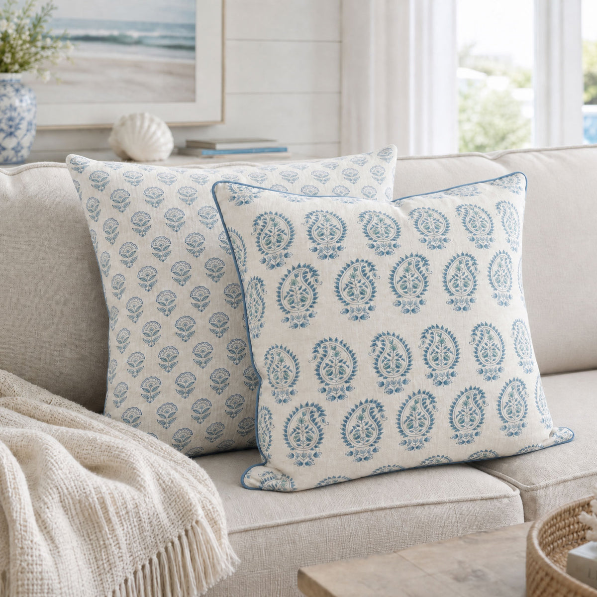 Indigo Bloom Cushion Duo styled on a sofa