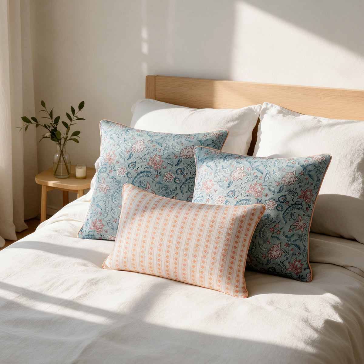 Azure Garden Cushion Trio styled on a bed
