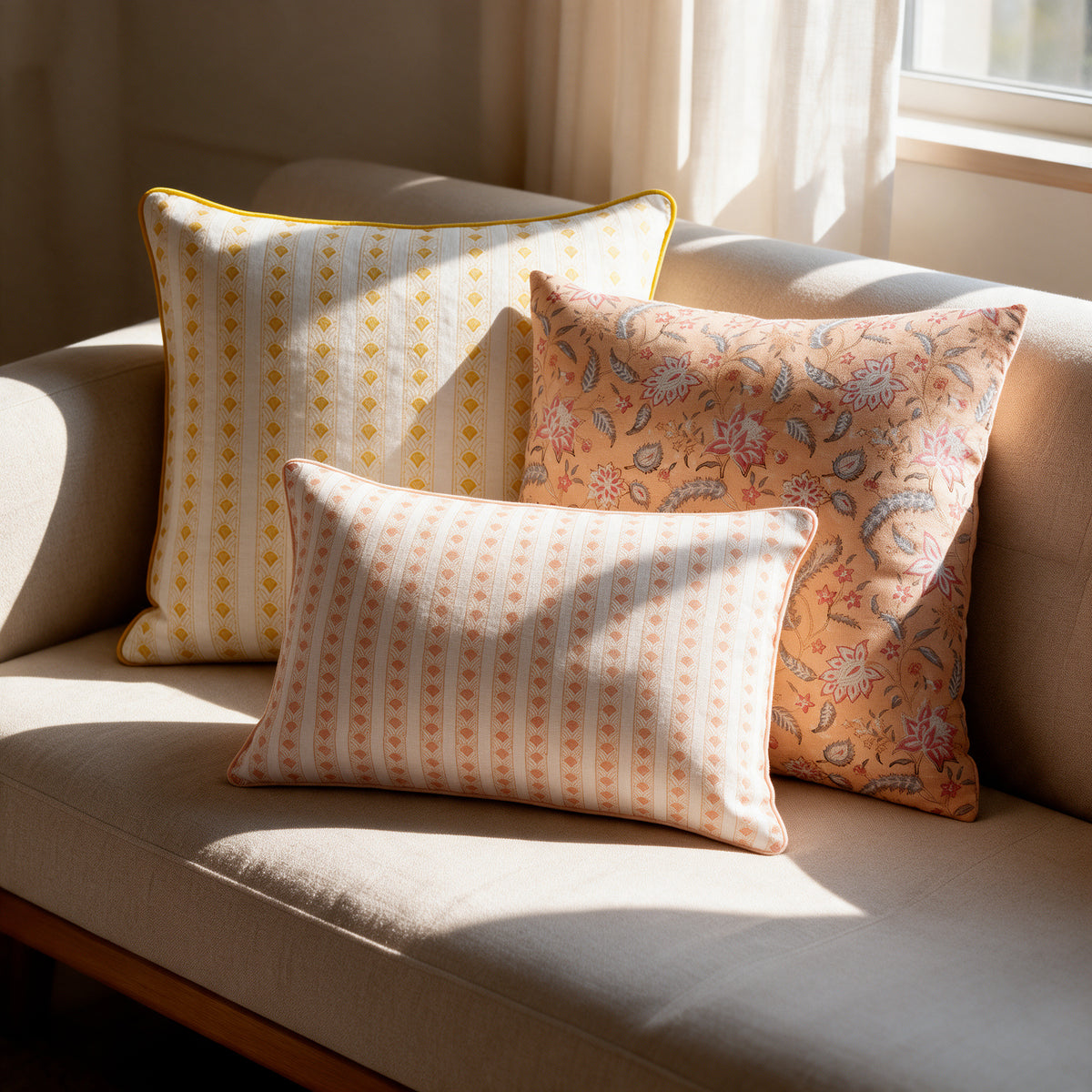 Marigold Sunrise Cushion Trio styled on a sofa