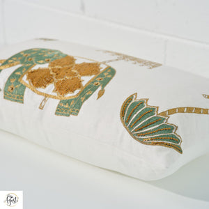 Cotton linen cushion on bed laying down