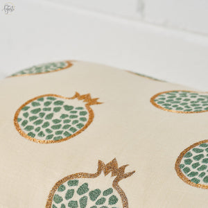 Hand stitched pomegranate cushion close up
