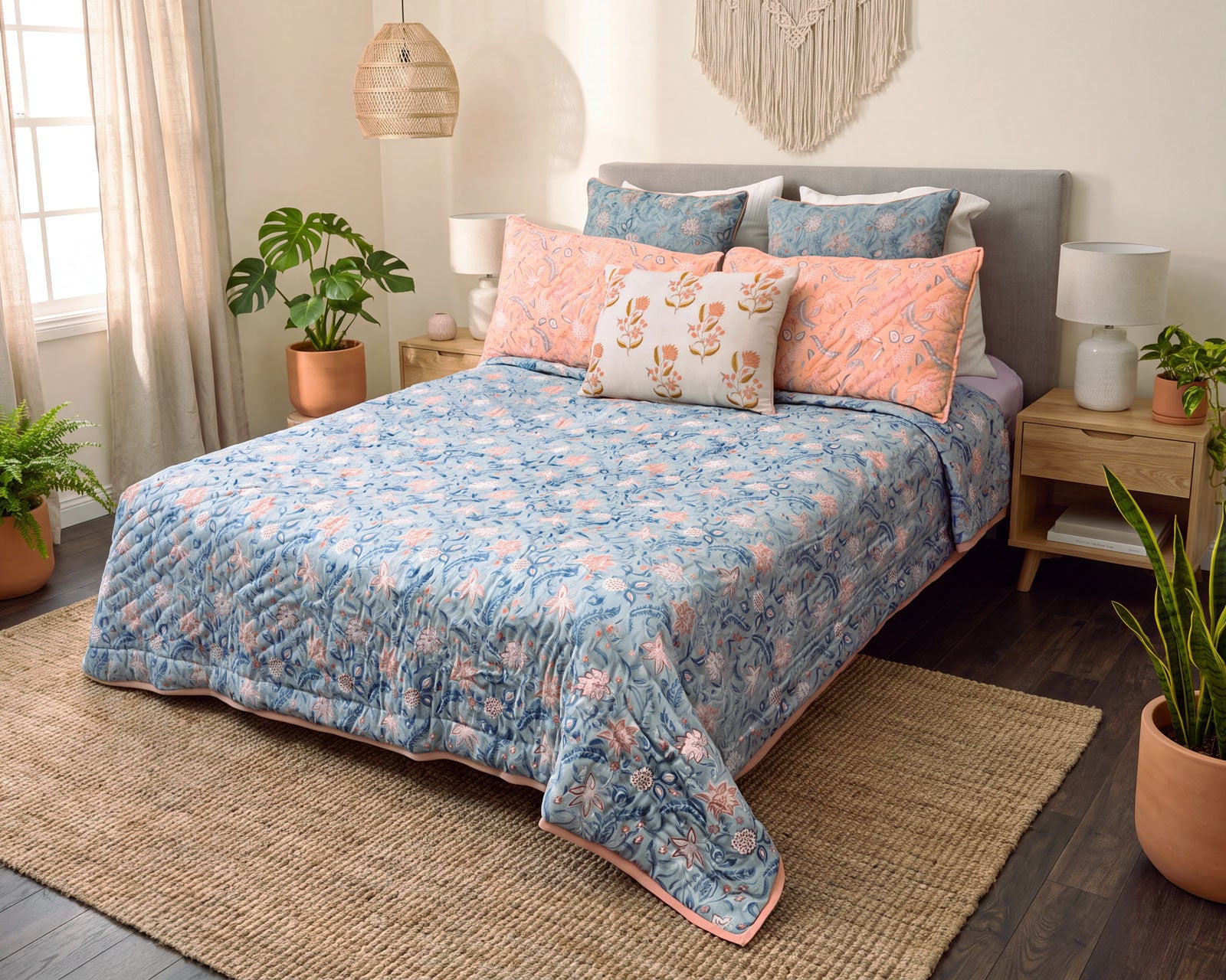 boho bedroom with beautiful bedding