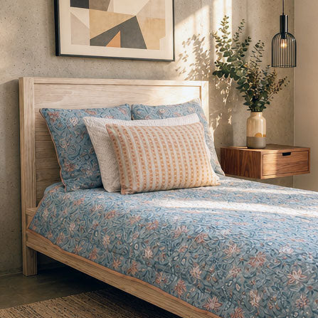 A light blue quilted comforter with a floral pattern and matching pillow shams, styled on a wooden bed frame in a warm, sunlit bedroom.