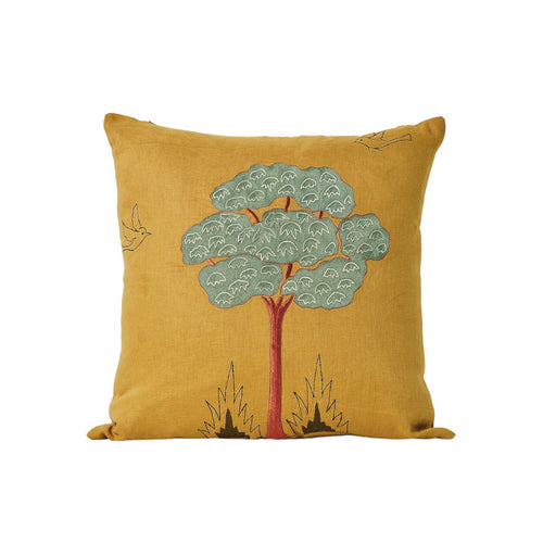 Chaney embroidered cushion cover in mustard linen with tree and bird motif