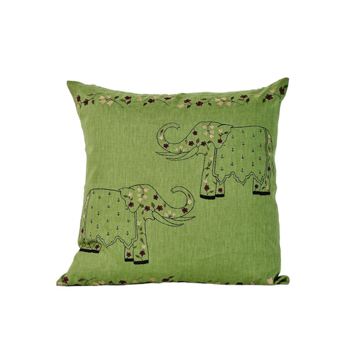 Haathee embroidered cushion cover in green with elephant motif