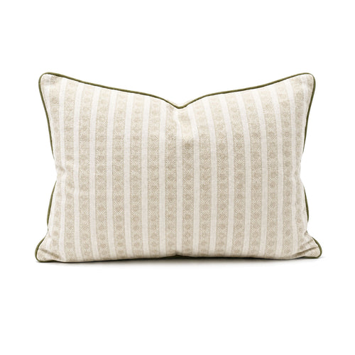 Kamal Pistachio hand block-printed cushion cover in cream and sage-green stripe, rectangular - Lumbar