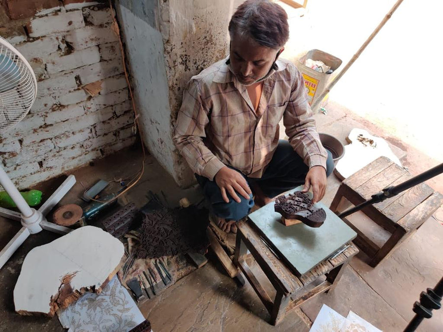 Hand block printing on natural cotton and linen