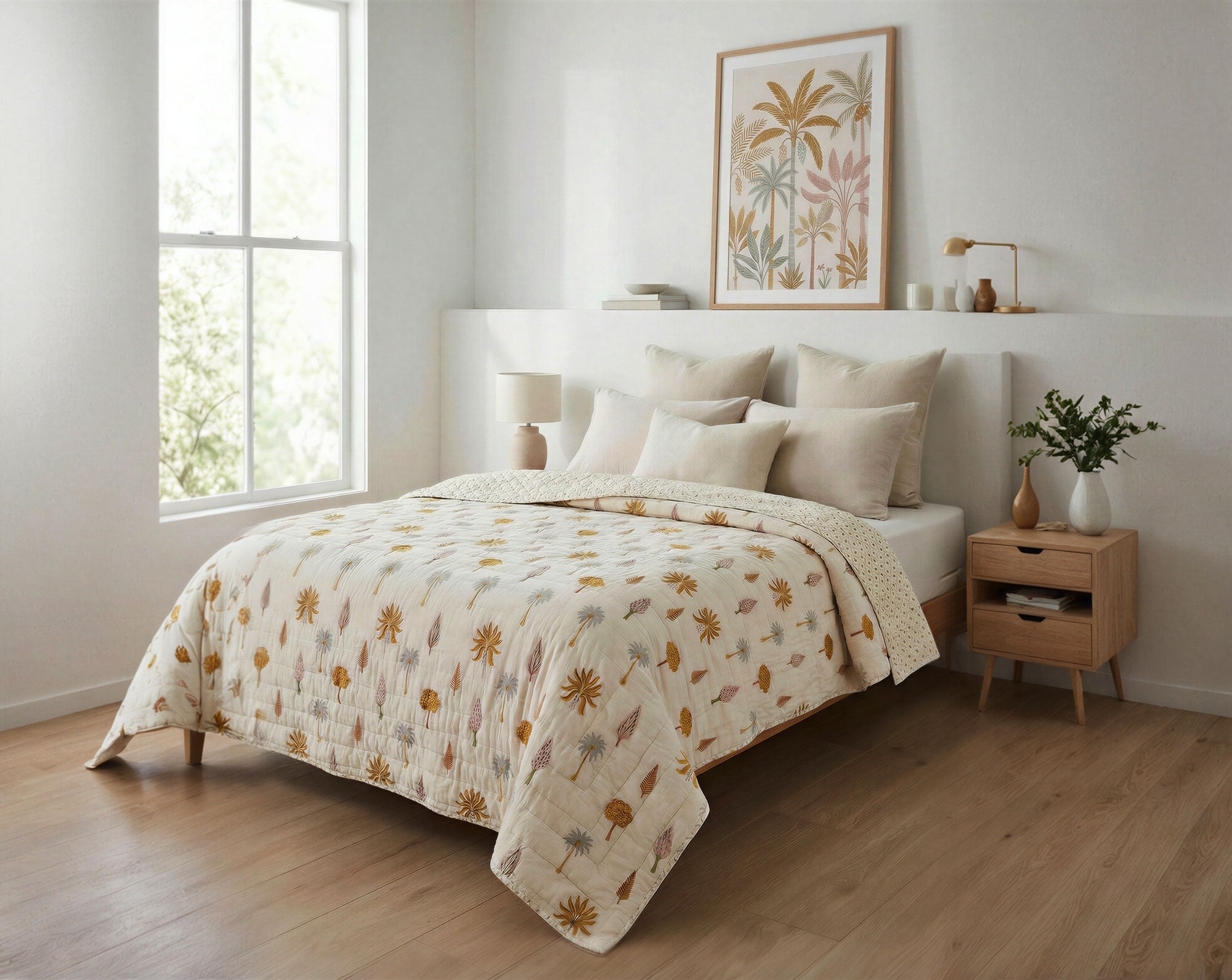 Bedroom with floral bedding and decor, including a nightstand and framed artwork.
