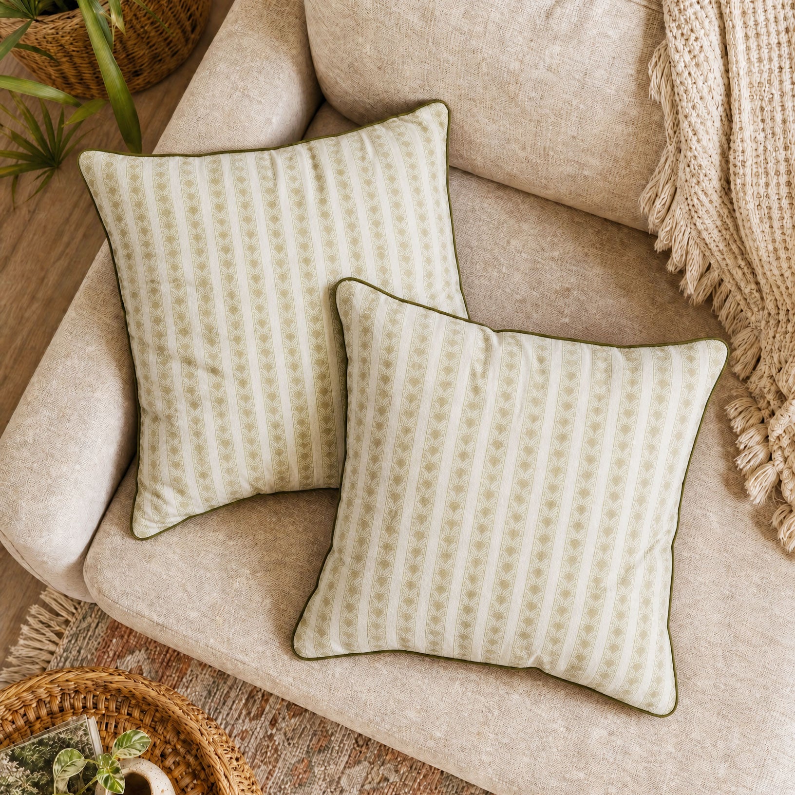 Kamal Sage cushion cover styled on a sofa