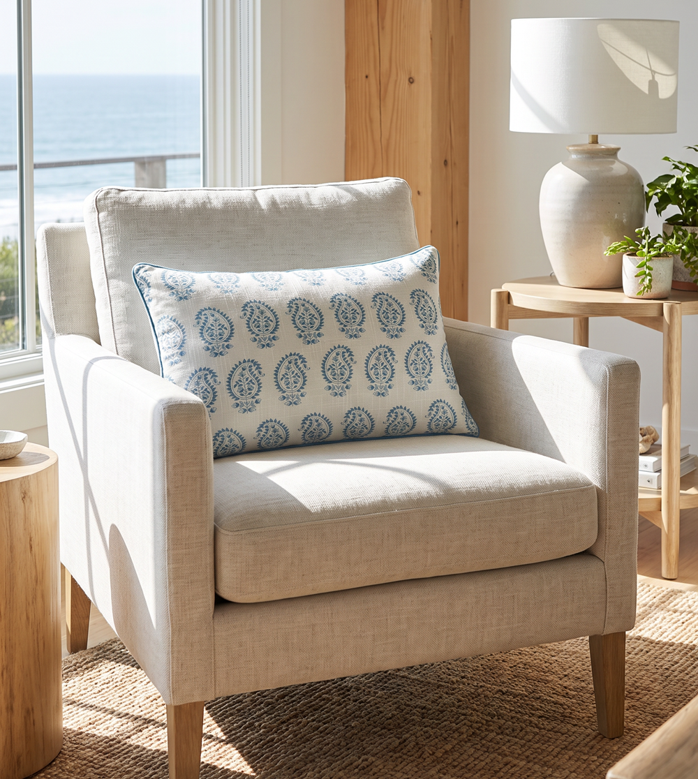 amara Paisley lumbar cushion on an armchair