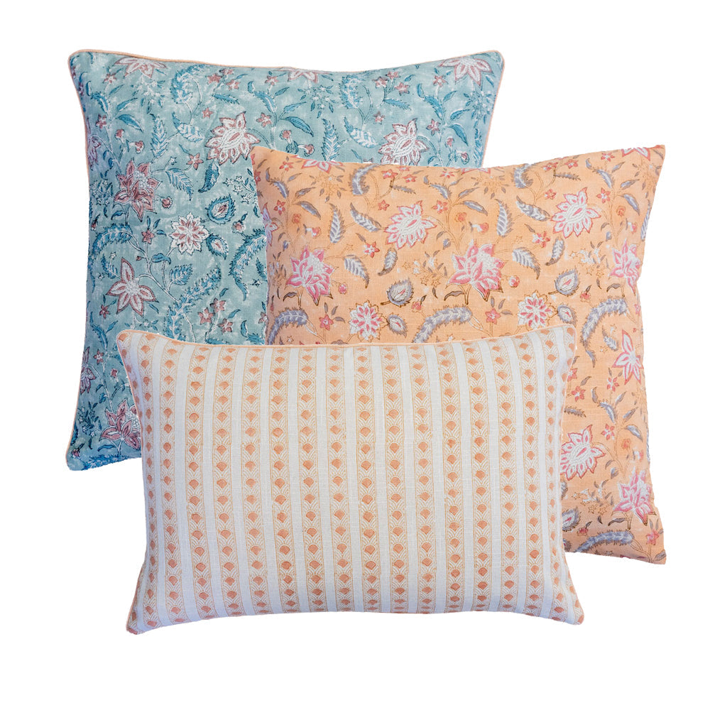 Cushion Set — Blush & Azure Aranyani, three hand block-printed cushions