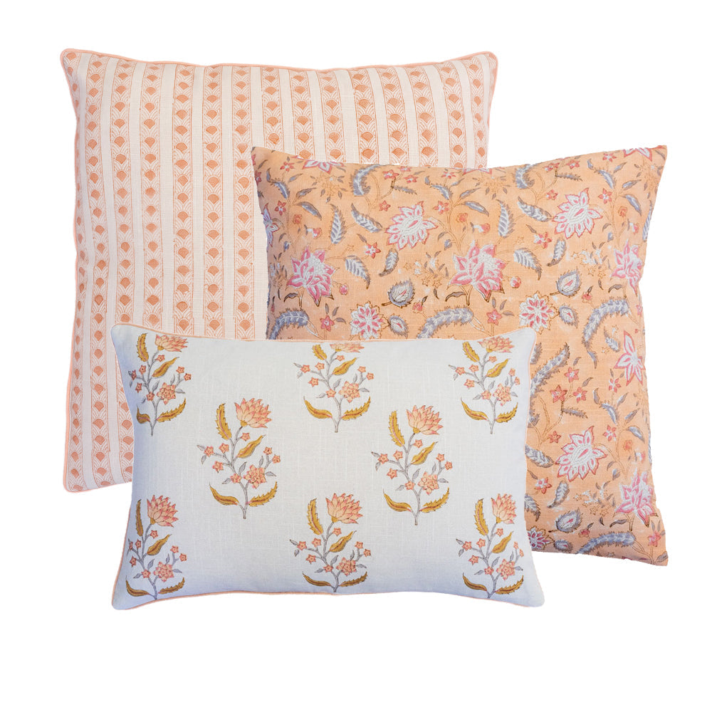 Cushion Set — Aranyani Blush Duo, three hand block-printed cushions