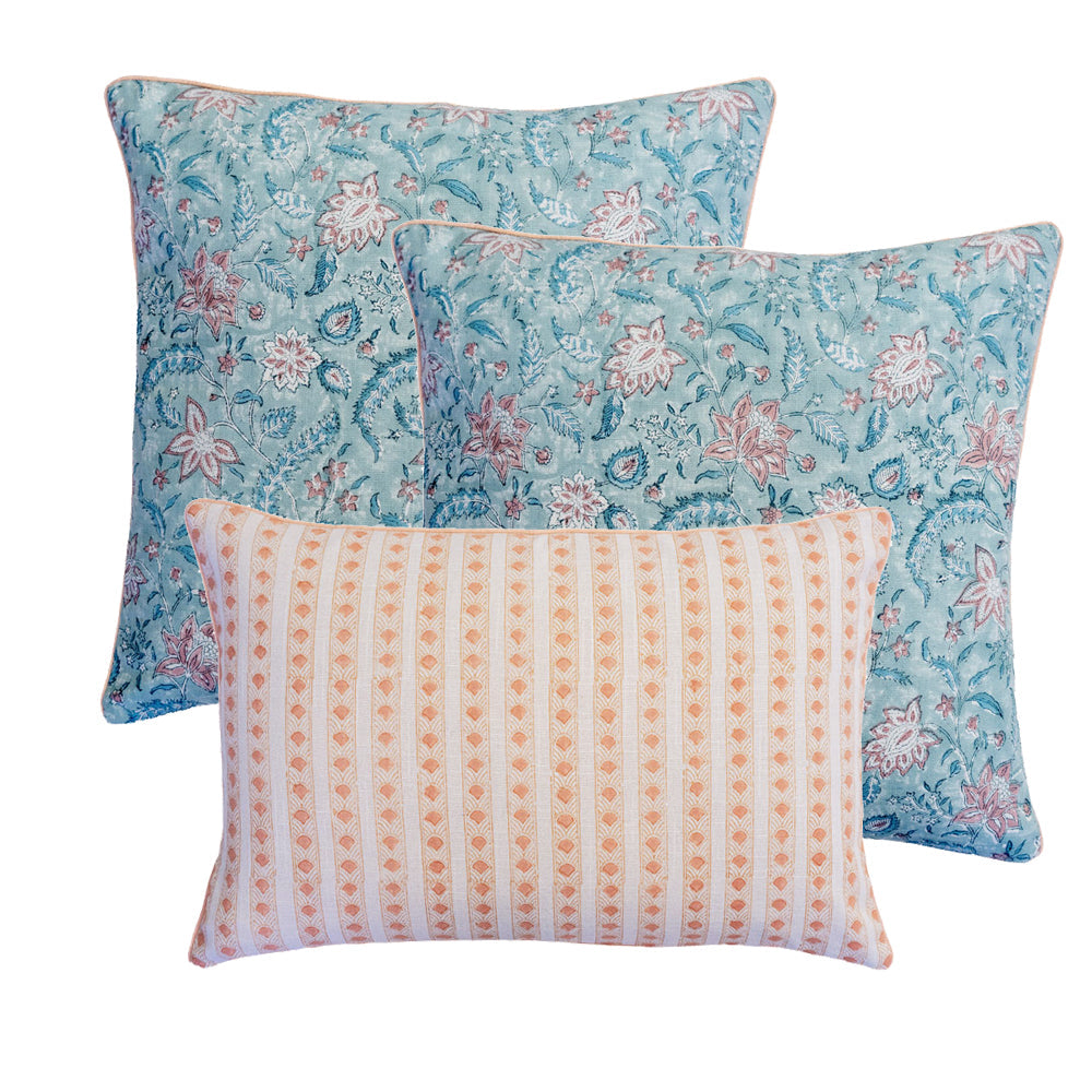 Cushion Set — Aranyani Azure Duo, three hand block-printed cushions