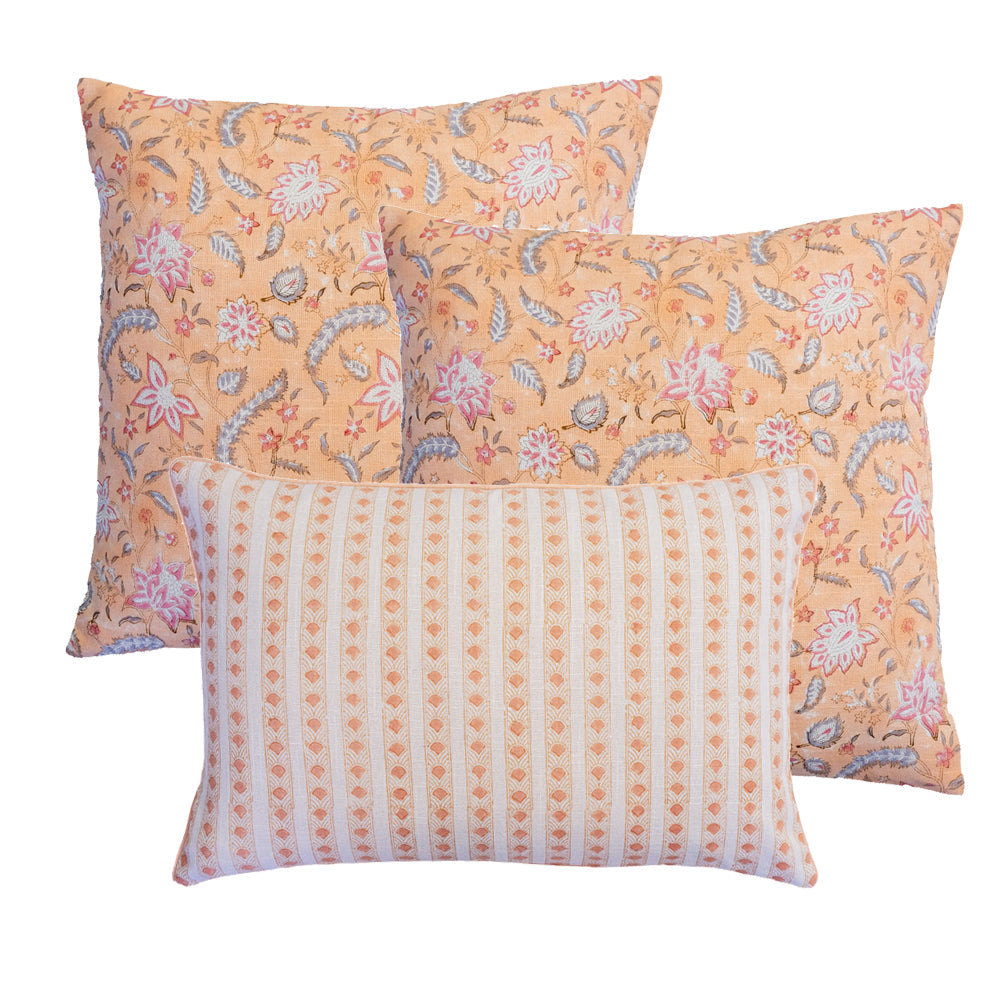 Cushion Set — Blush & Kiran, three hand block-printed cushions