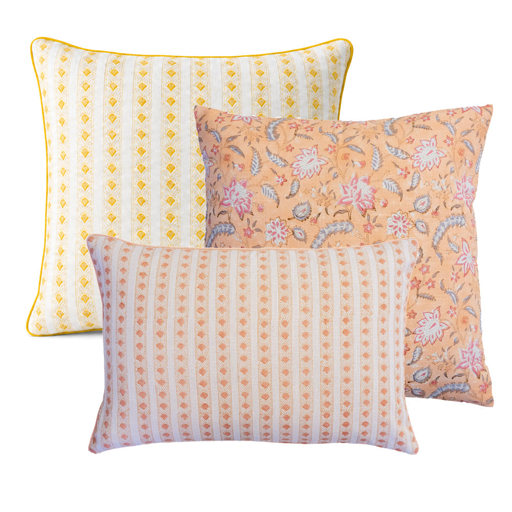 Cushion Set — Marigold & Blush, three hand block-printed cushions